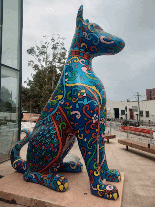 Painted dog sculpture at greensquare