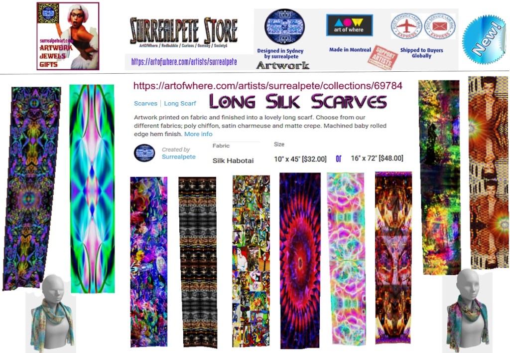 Some of the new and unique designs in my artofwhere store, avail on long and square silk habatoi scarves